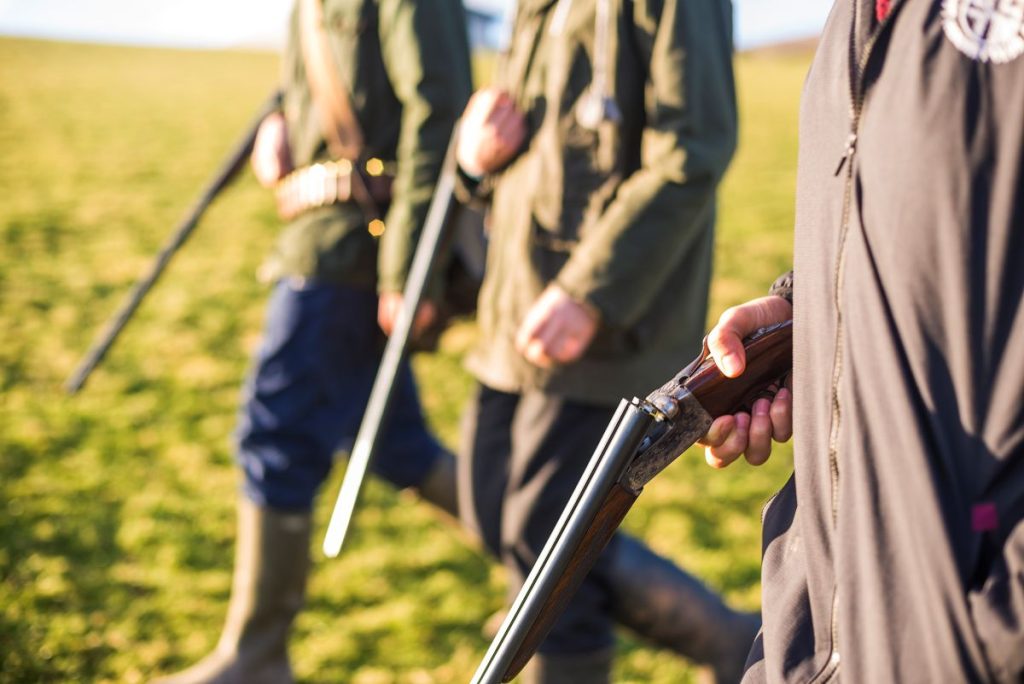 Men on a pheasant shooting trip in the rural countryside, game shooting in North Wales